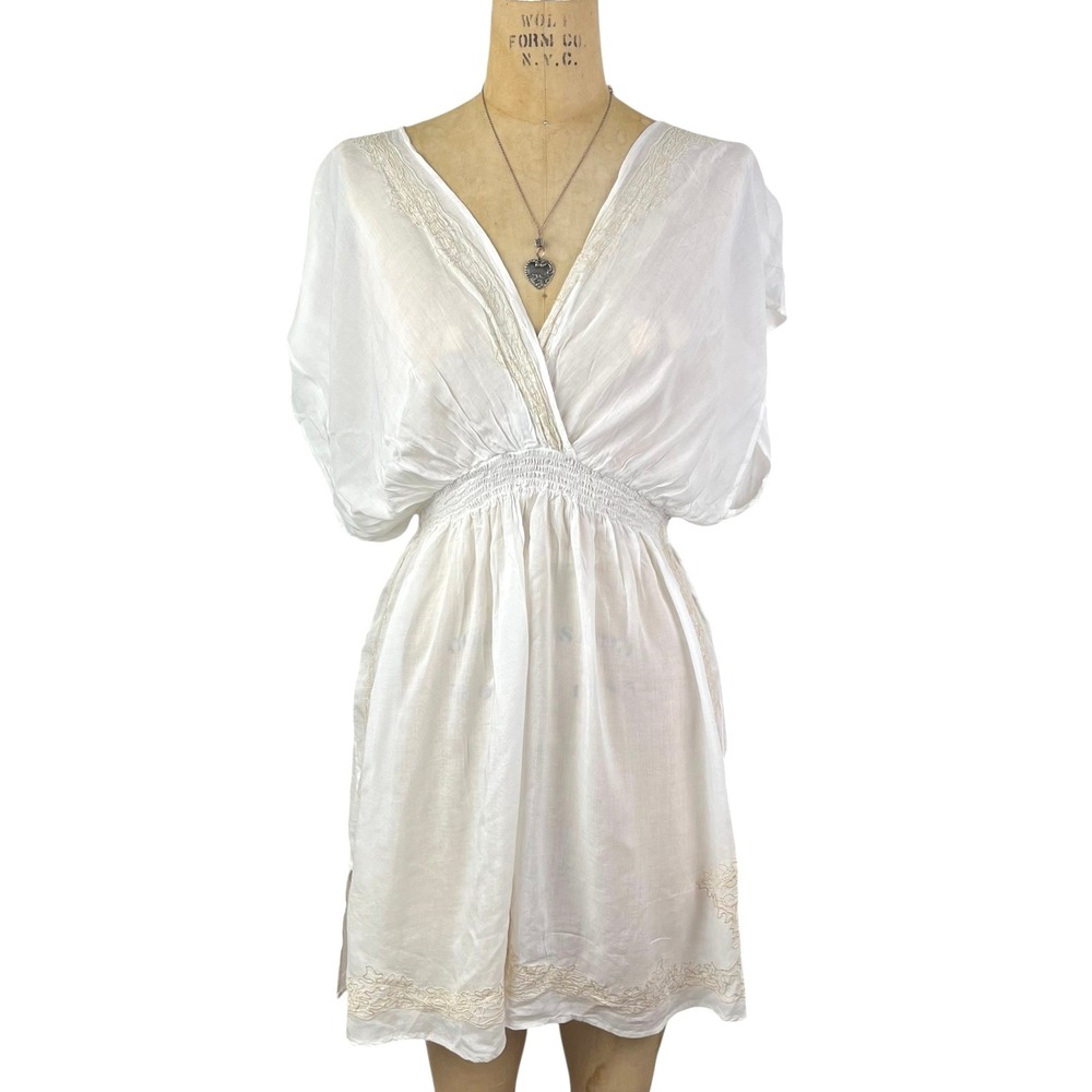 Vtg Boho Beach Lightweight Cover Up Embroidered Smocked Waist‎ Sz M L XL Summer